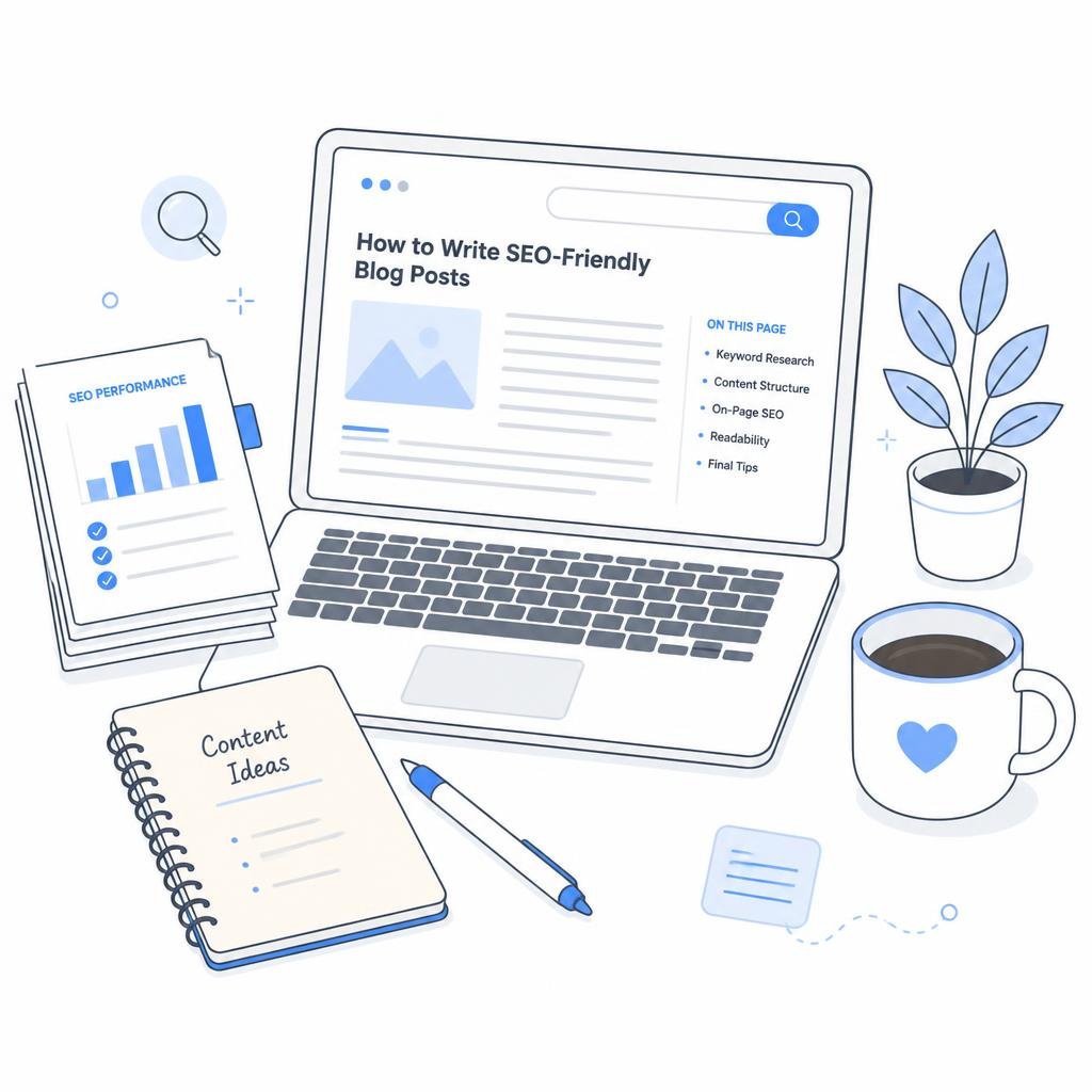 Ilustrasi workspace penulis artikel SEO dengan laptop, dokumen, dan notebook